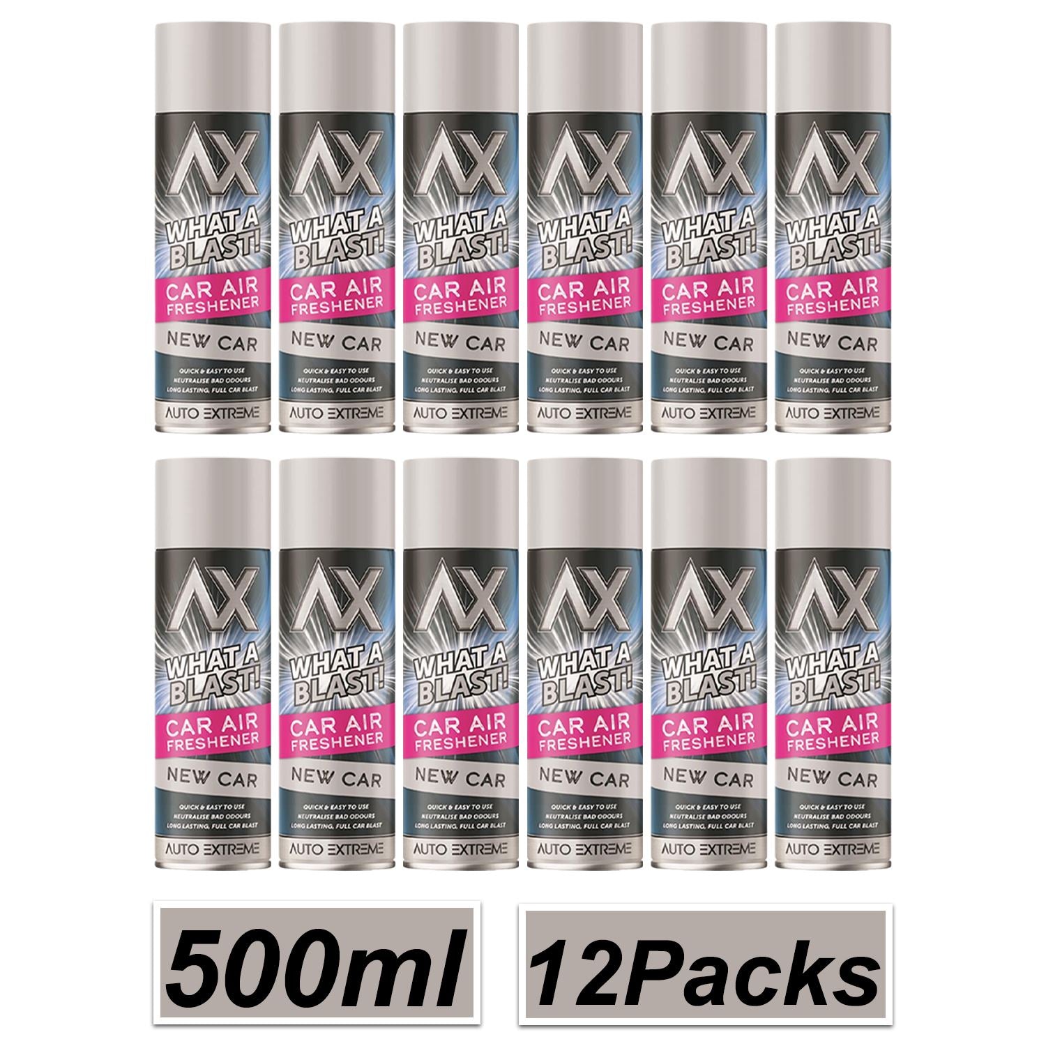 Auto Extreme car air freshener spray pack of 12, each 500ml, featuring a new car scent