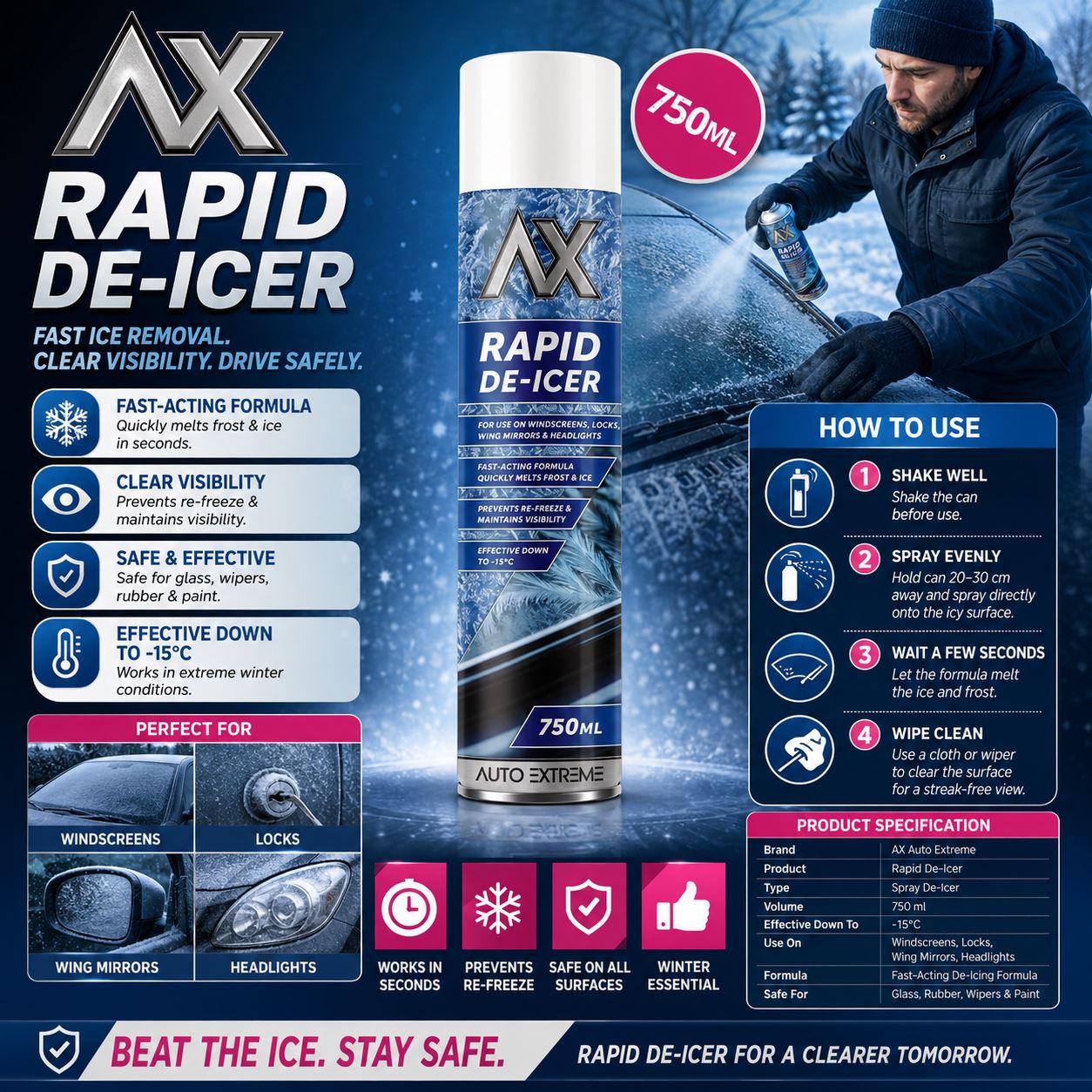 Auto Extreme Rapid De-Icer spray for quick ice removal from freezer with fridge surfaces, effective to -15°C