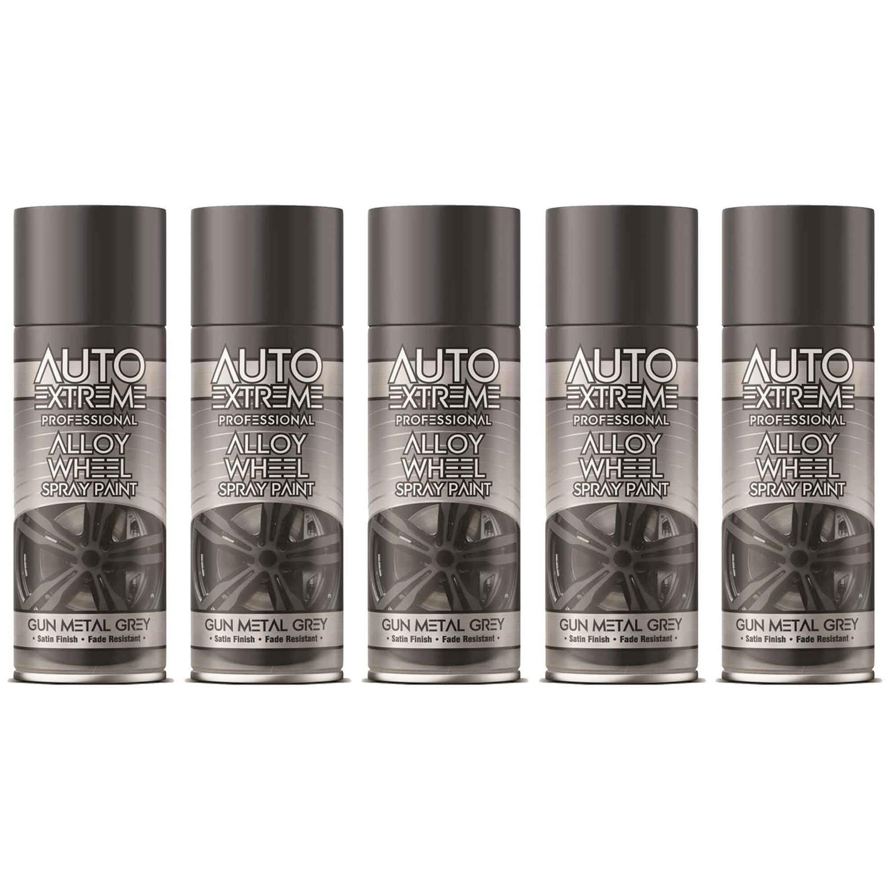 Five cans of Auto Extreme professional alloy wheel gun metal grey spray paint with satin finish