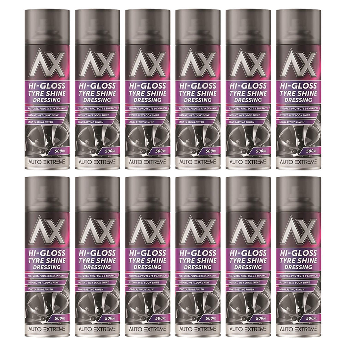 Auto Extreme Hi-Gloss Tyre Shine Spray UK in a bulk display for maintaining shiny tyres