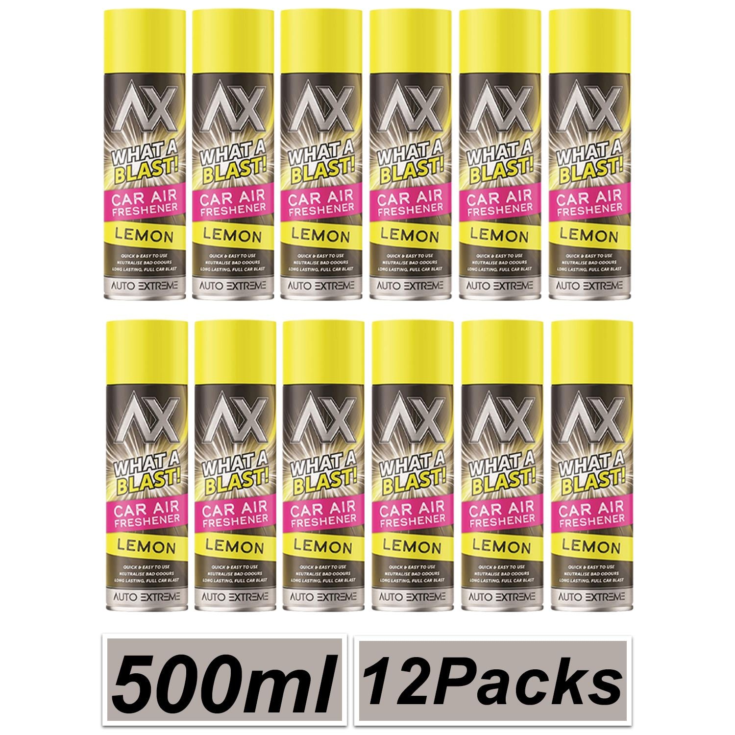 Auto Extreme lemon car air freshener spray pack of 12, each 500ml for a fresh car interior