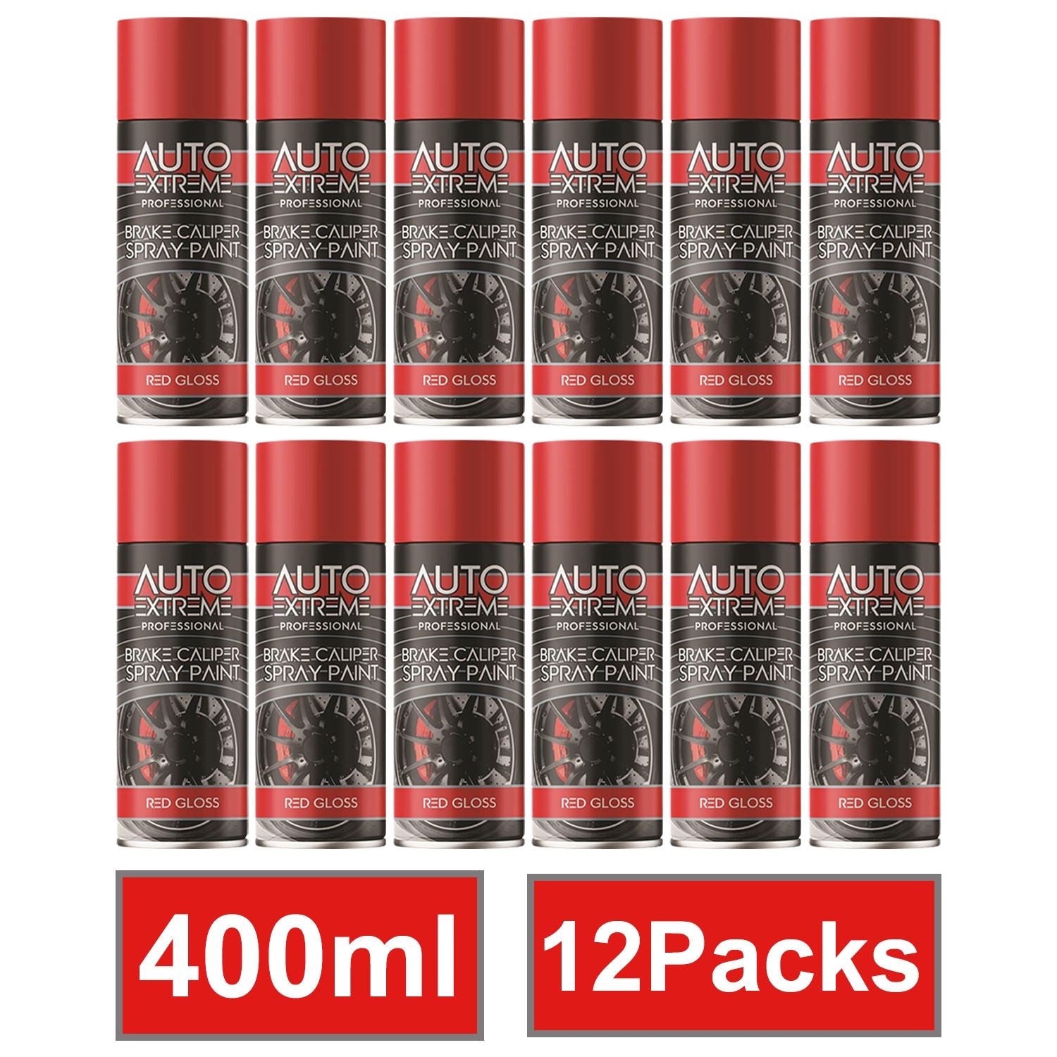 Auto Extreme red brake caliper spray paint in 400ml cans, available in a 12 pack of red gloss finish