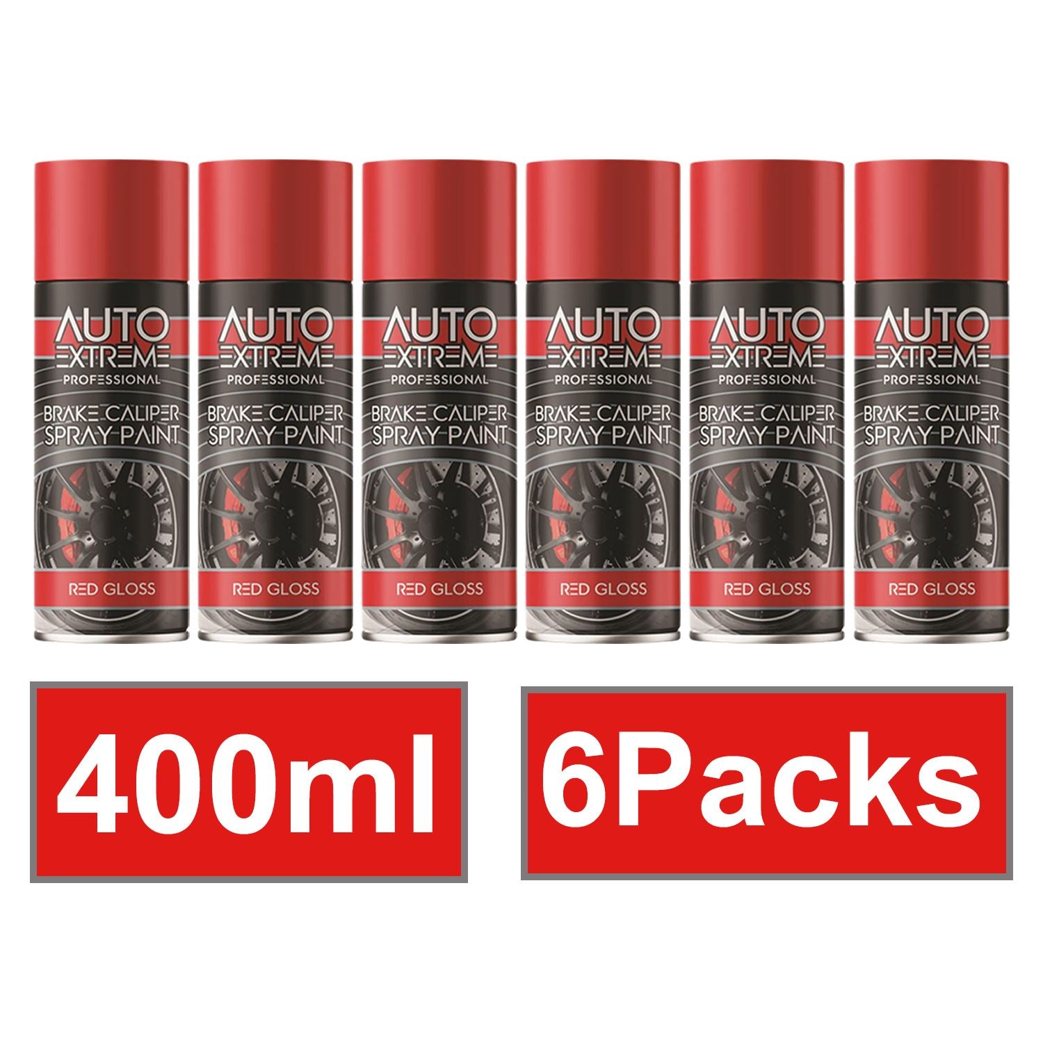 Auto Extreme Red Brake Caliper Spray Paint 400ml in a 6-pack for car enthusiasts and DIY projects