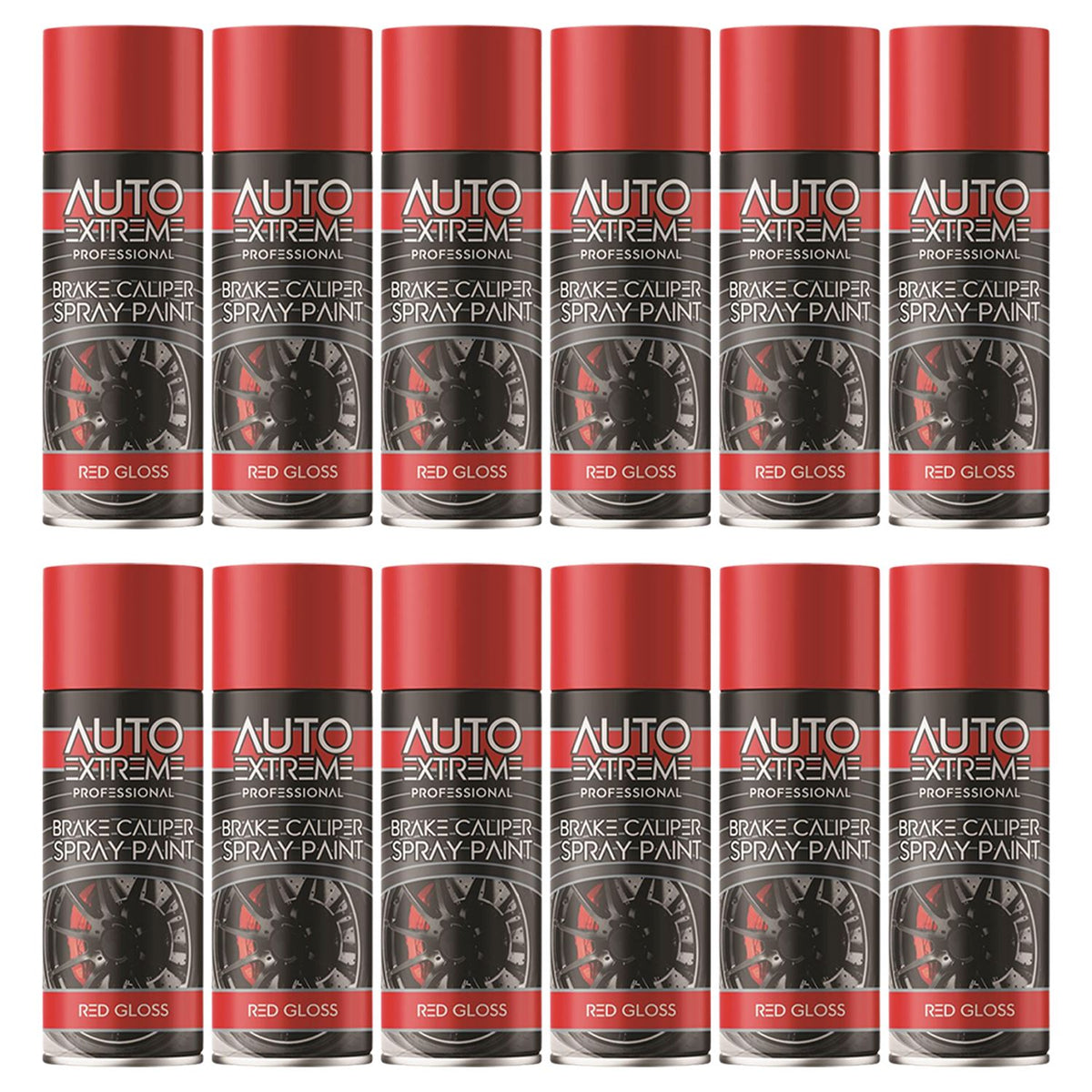 Auto Extreme red brake caliper spray paint cans arranged neatly, ideal for car enthusiasts and DIY projects