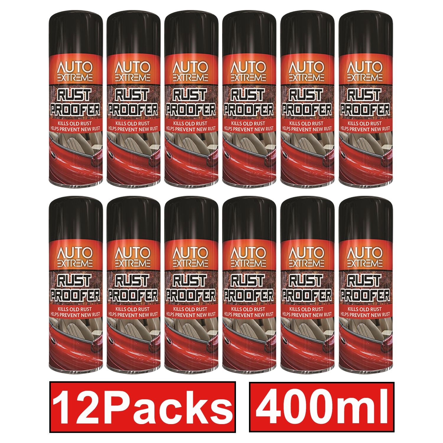 Auto Extreme rust proofer spray 400ml in a pack of 12 for effective rust prevention on vehicles