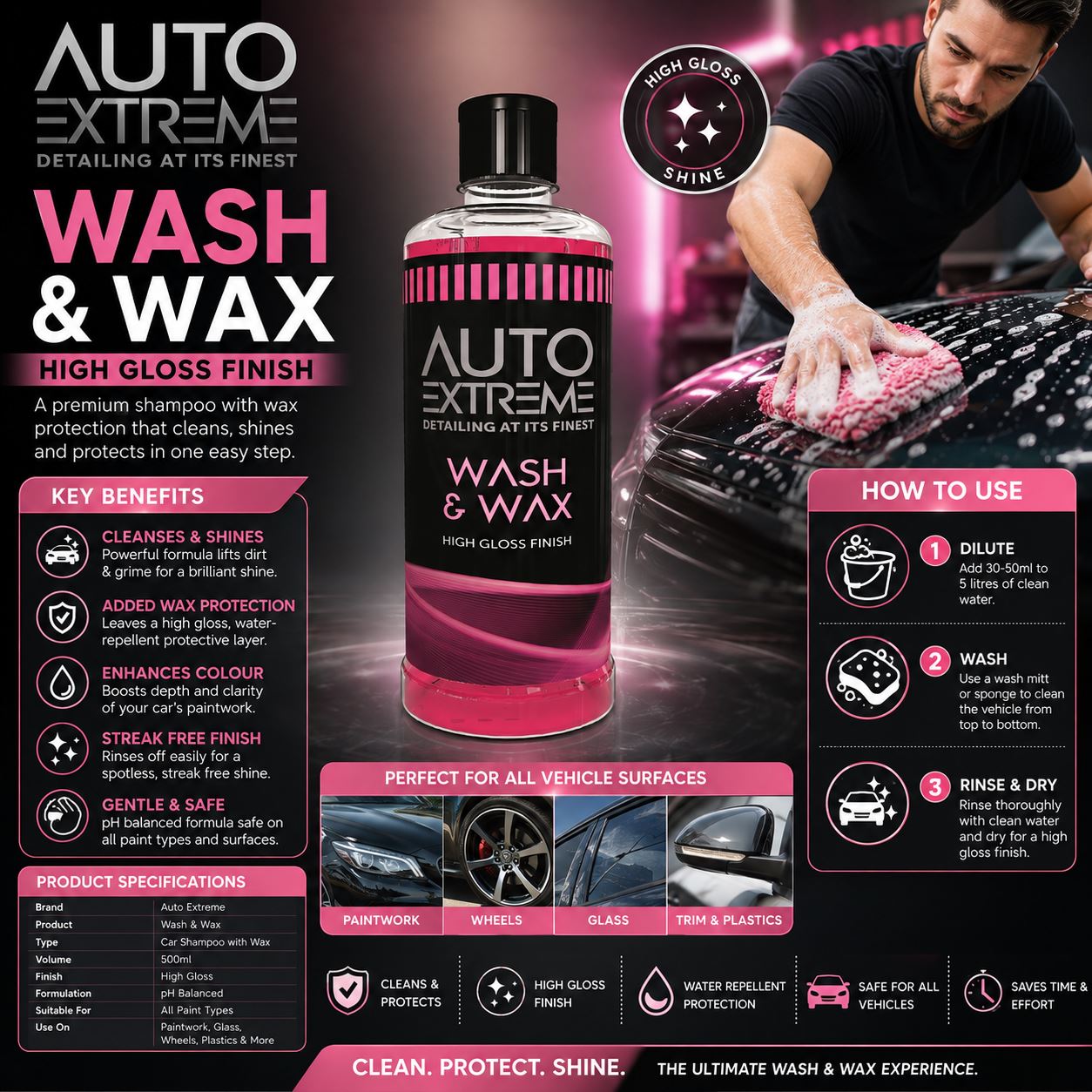 Auto Extreme Wash and Wax Shampoo for a high gloss finish, ideal for finding self car shampoo near me