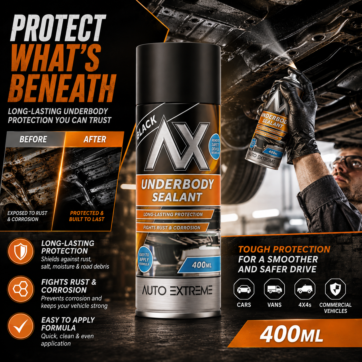 Auto Extreme Black Underbody Sealant Spray for long-lasting protection against rust and corrosion
