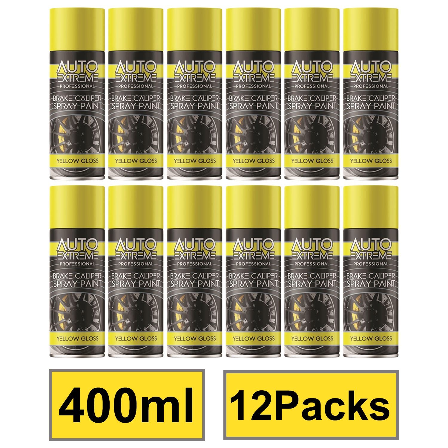 Auto Extreme yellow brake caliper spray paint in 400ml cans, 12-pack for automotive use and enhancement