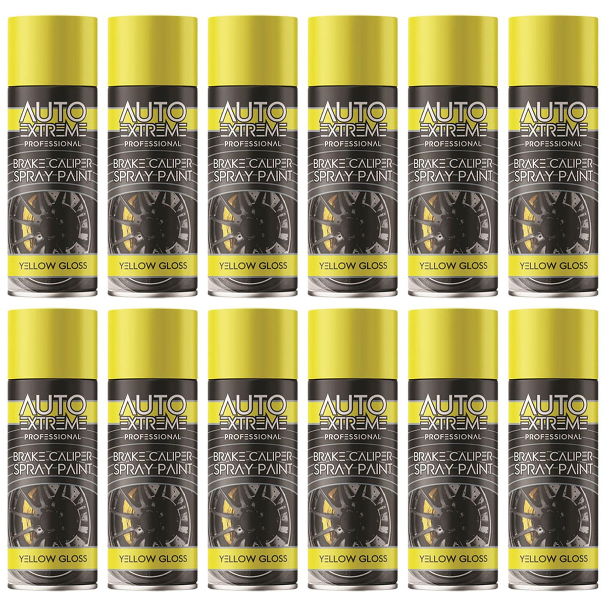 Auto Extreme yellow brake caliper spray paint in glossy finish, pack of 12 cans for car enthusiasts