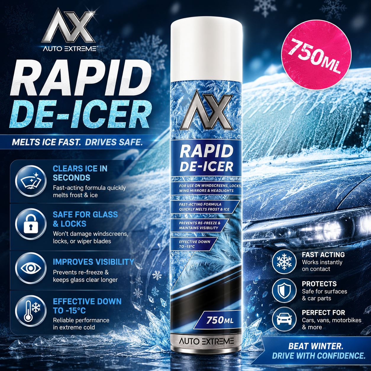 Auto Extreme Rapid De-Icer 750ml for quick ice melting on freezer with fridge and glass surfaces