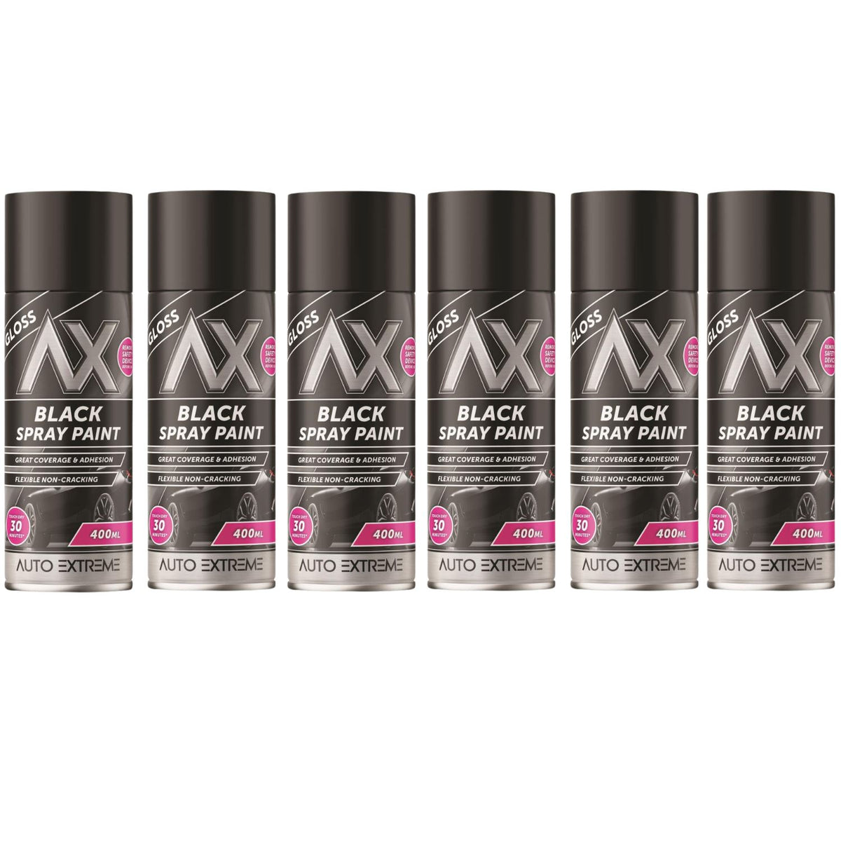 6X Auto Extreme Black Gloss Spray Paint 400ml
