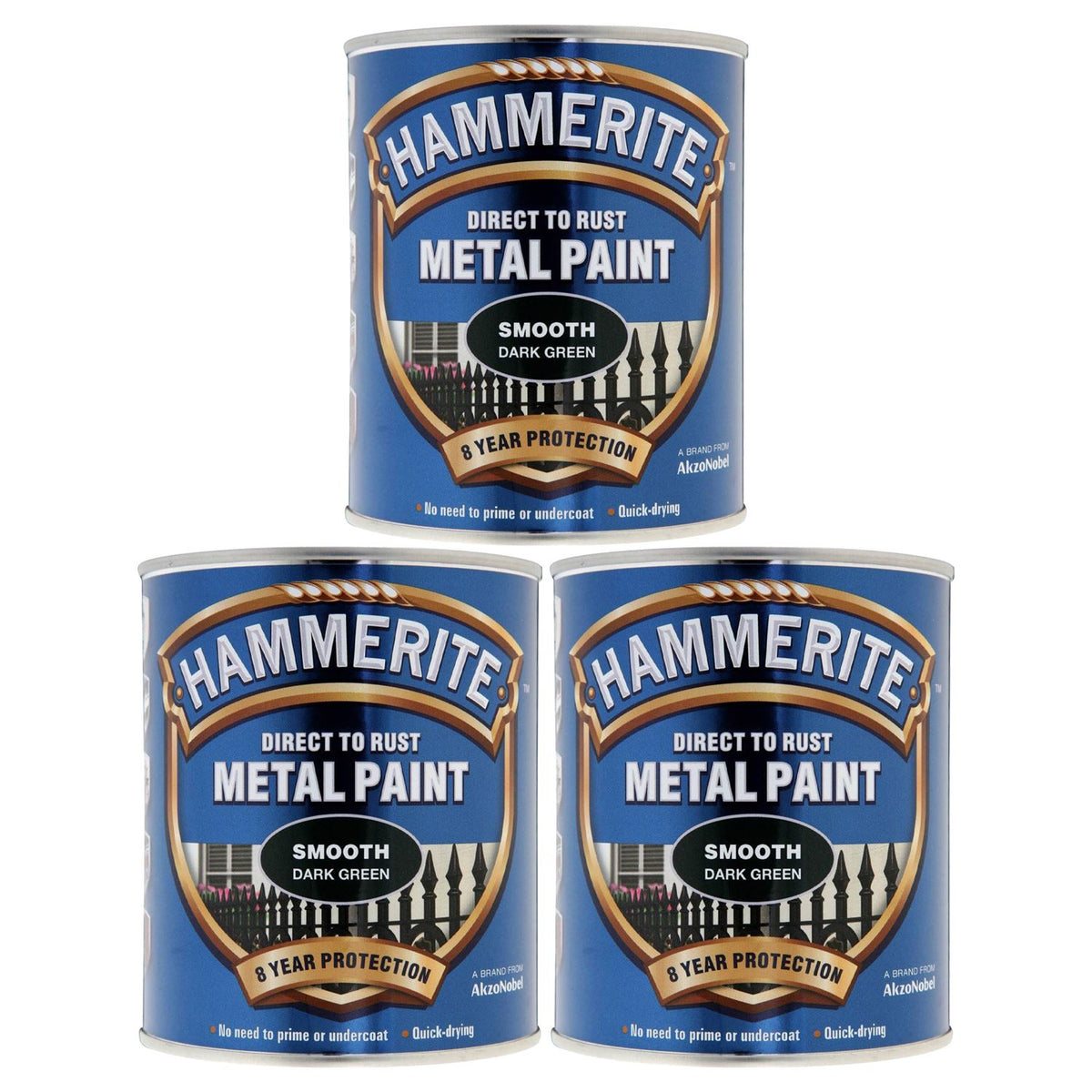 3X Hammerite Smooth Dark Green Paint 750ml Tin Paint