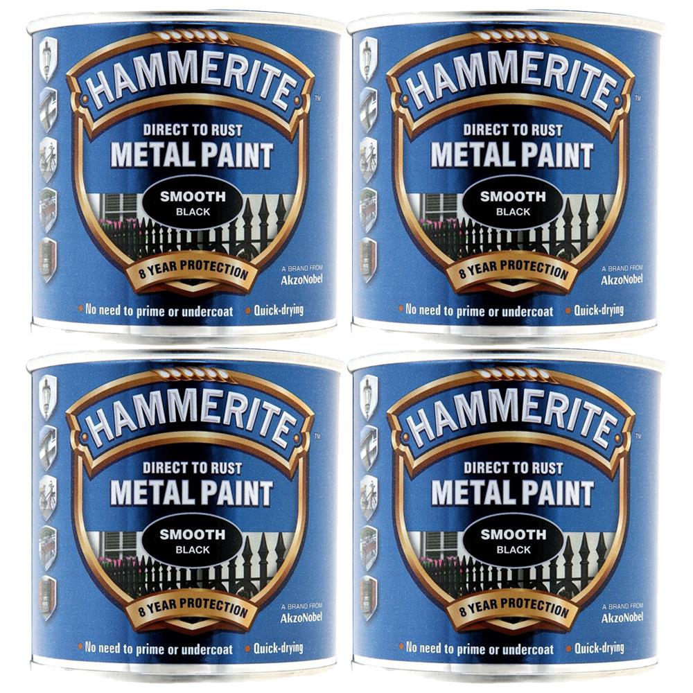 4X Hammerite Smooth Black Paint 250ml Tin Paint