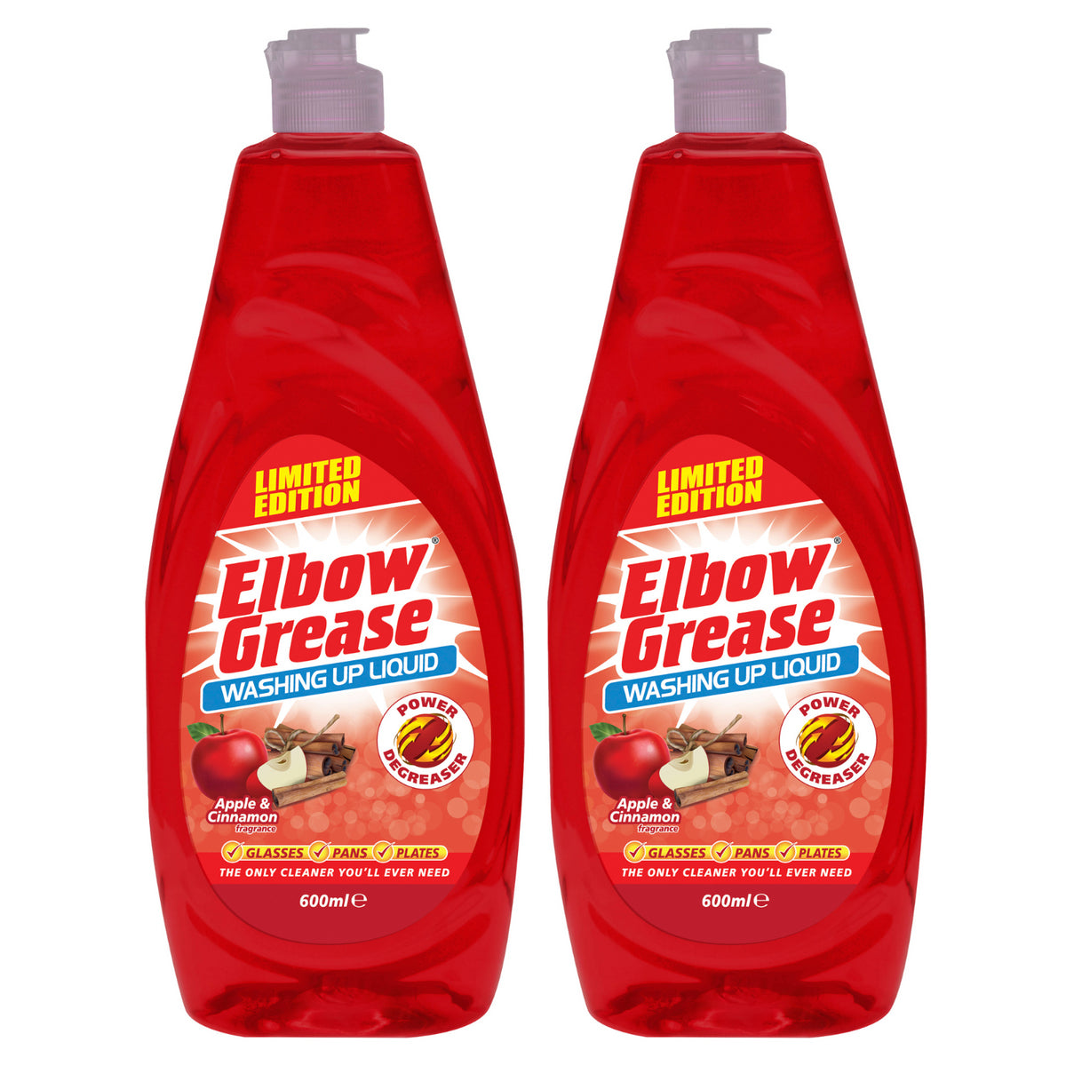 2X Elbow Grease Washing Up Liquid, Apple & Cinnamon Fresh 600ml Power Degreaser