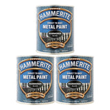 3X Hammerite Hammered Black Paint 750ml Tin Paint
