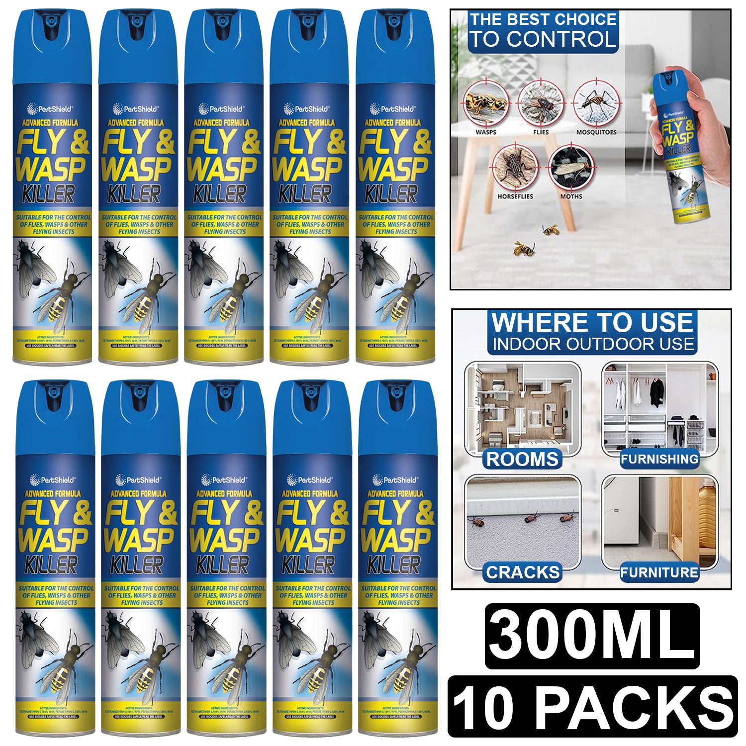 10X PestShield Fly & Wasp Killer Spray 300ml Pest Control