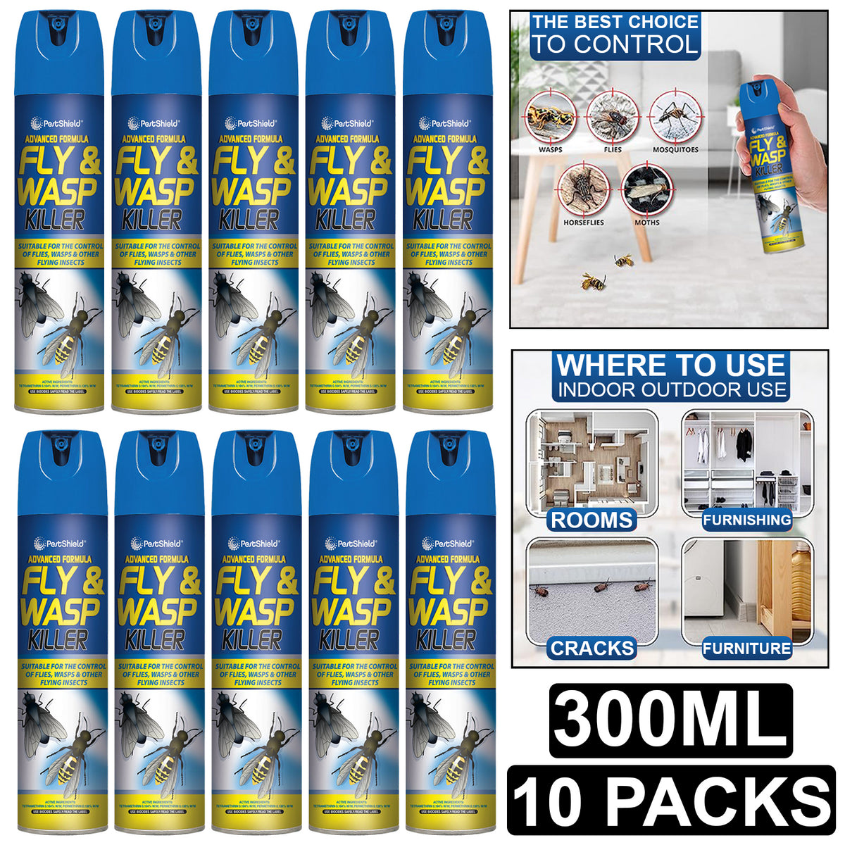 10X PestShield Fly & Wasp Killer Spray 300ml Pest Control