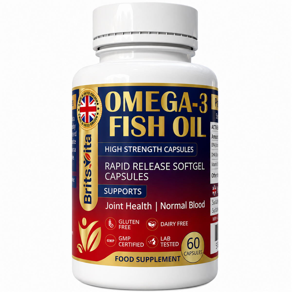 Brits Vita Omega 3 Fish Oil 1000mg, 60 Softgels, for Heart, Brain & Vision