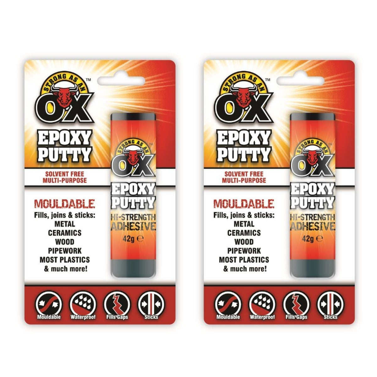 2X - STRONG AS AN OX Durable Epoxy Putty Metal Plastic Filler 42G