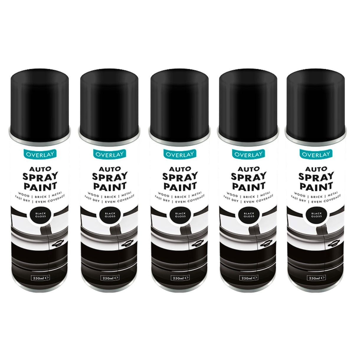 5X Overlay Gloss Black Auto Professional Spray Paint 250ml