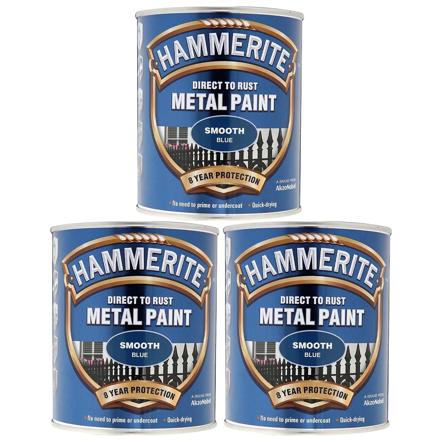 3X Hammerite Smooth Blue Paint 750ml Tin Paint