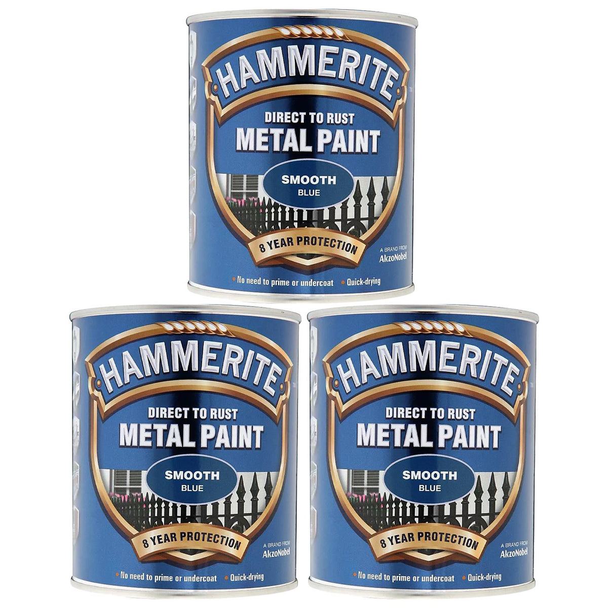 3X Hammerite Smooth Blue Paint 750ml Tin Paint