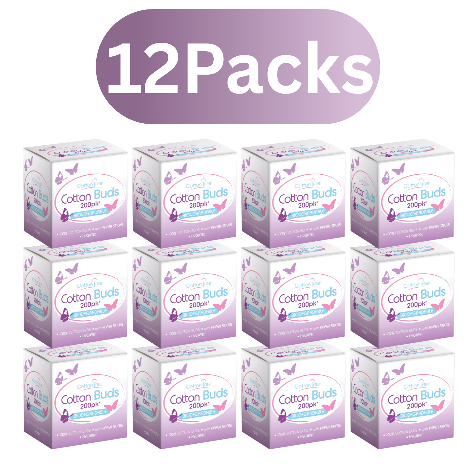 Biodegradable cotton buds 200 pack displayed in 12 packs for eco-friendly personal care