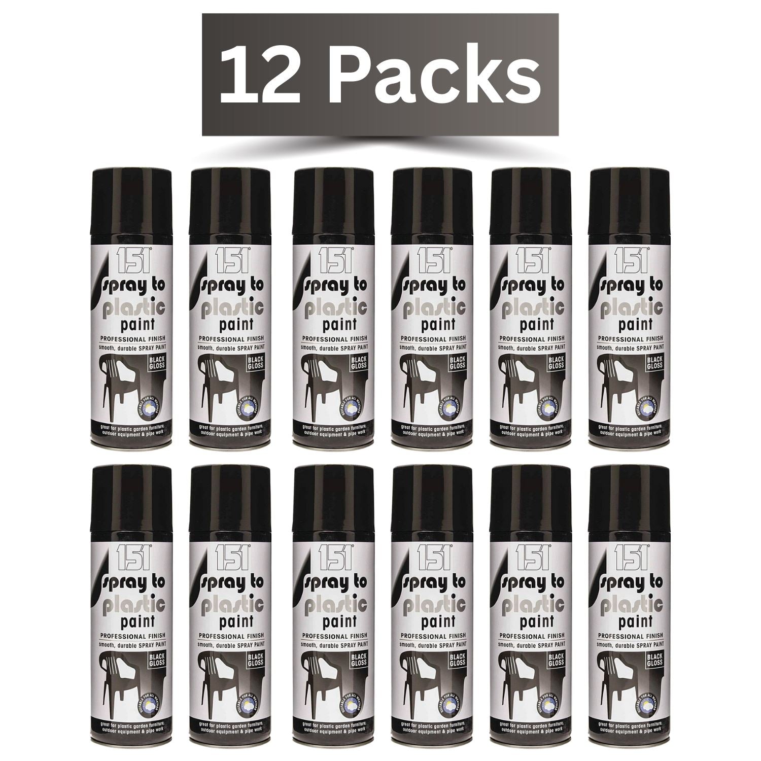 12-pack of 151 black gloss spray paint for plastic with easy application and professional finish
