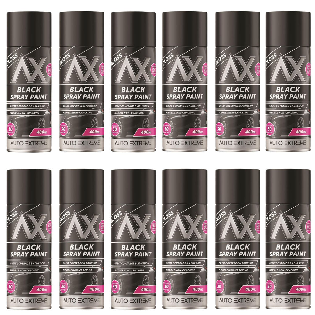 12X Auto Extreme Black Gloss Spray Paint 400ml
