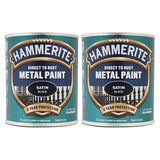 2X Hammerite Satin Black Paint 750ml Tin Paint