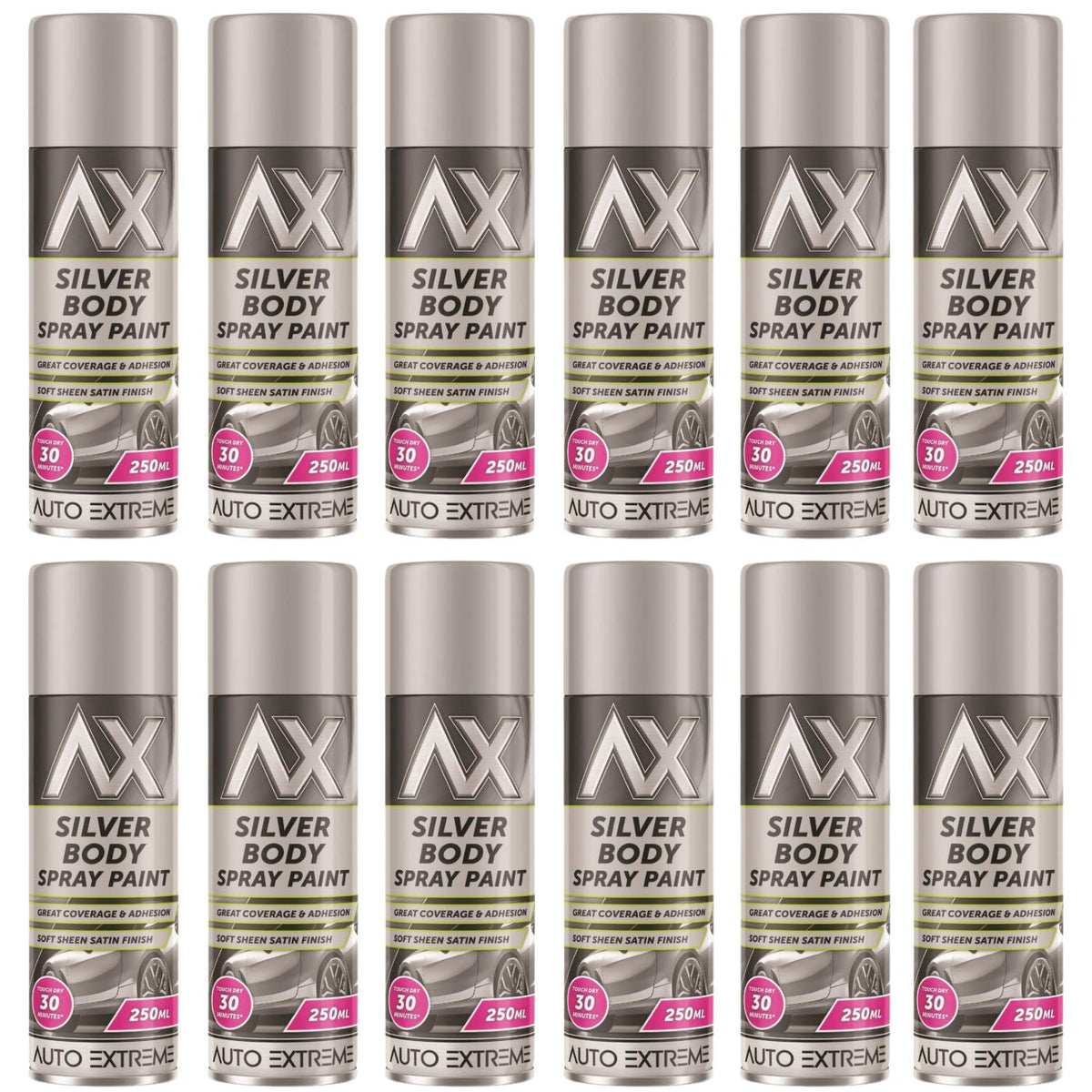 12X Auto Extreme Paint Silver Spray Paint 250ml