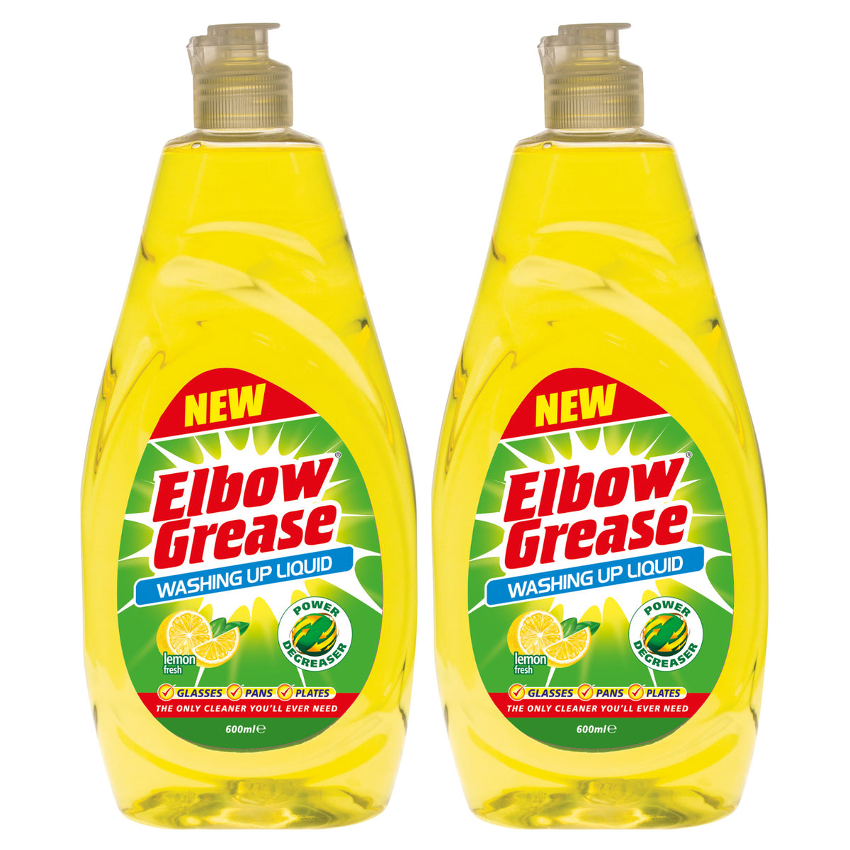 2X Elbow Grease Washing Up Liquid, Lemon Fresh 600ml Power Degreaser