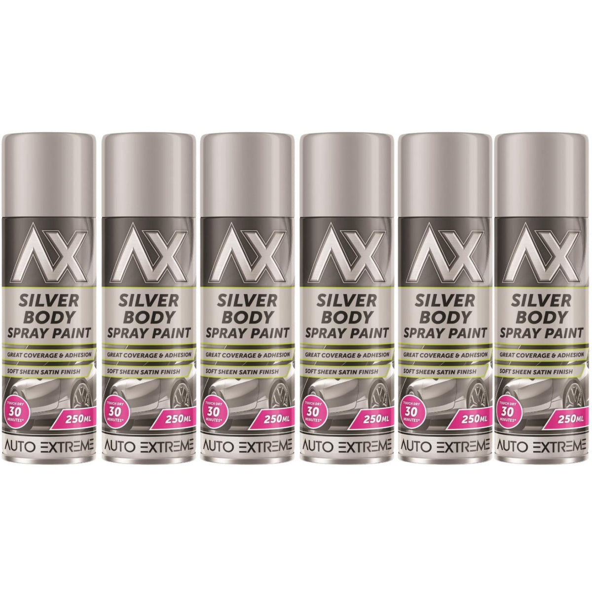 6X Auto Extreme Paint Silver Spray Paint 250ml