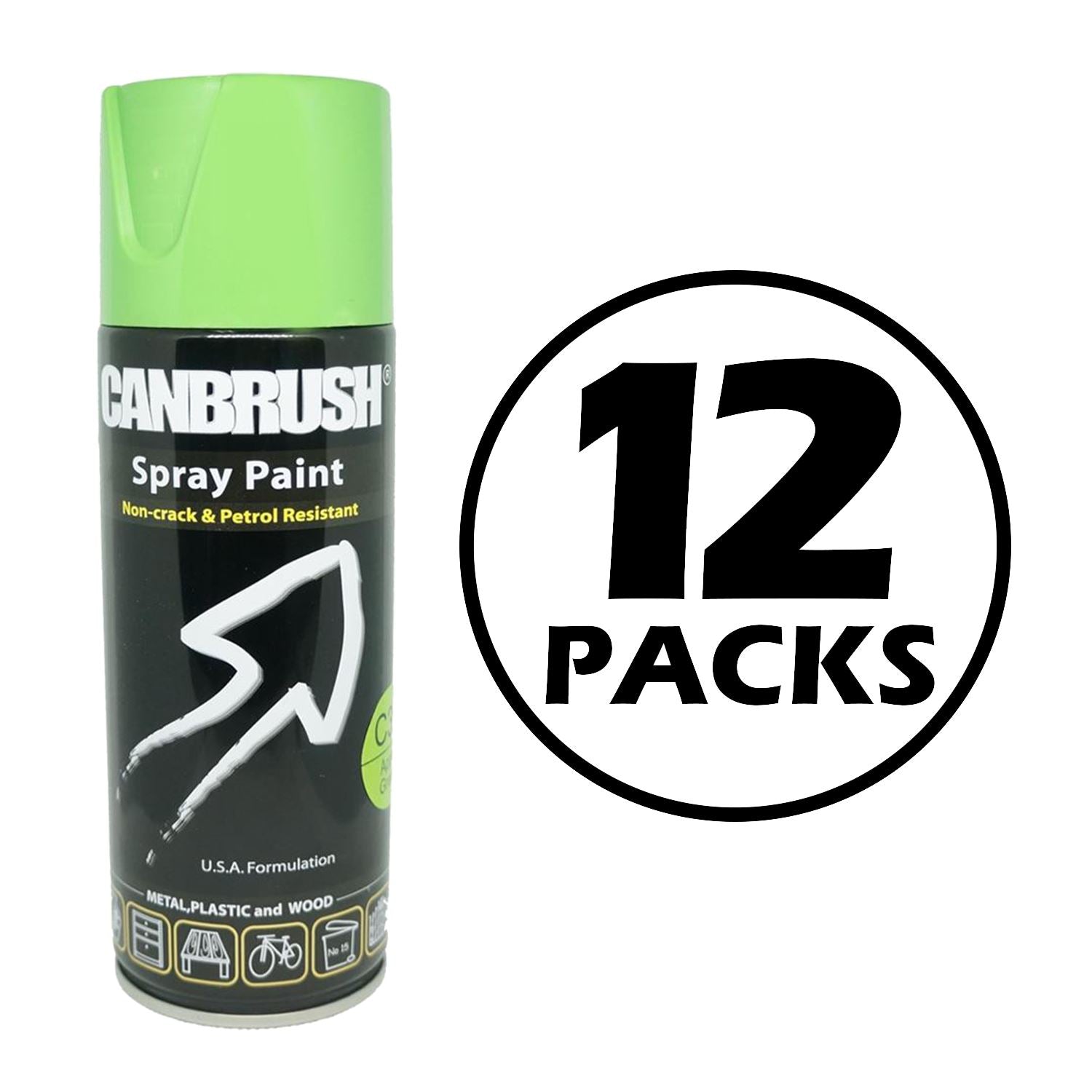Canbrush apple green spray paint 400ml can with non-crack and petrol resistant formula in a 12 pack