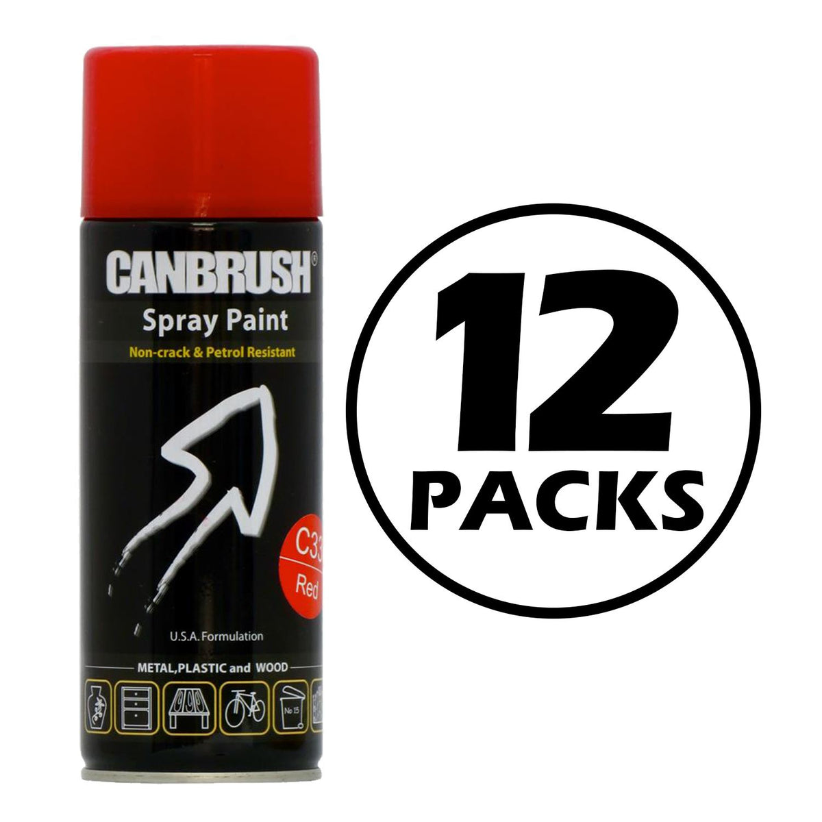 Canbrush C33 red spray paint can with durable non-crack and petrol resistant formula pack of 12