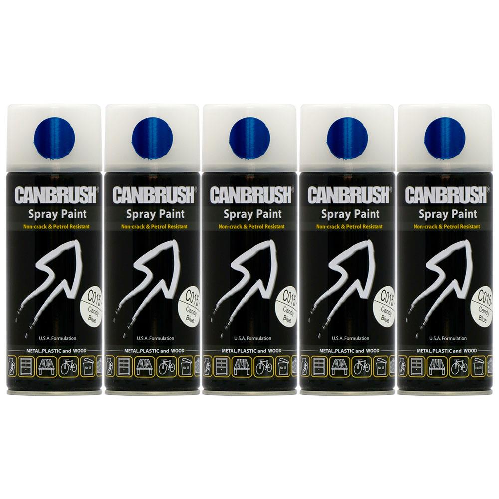 Five cans of Canbrush candy blue spray paint 400ml with non-crack and petrol resistant formula