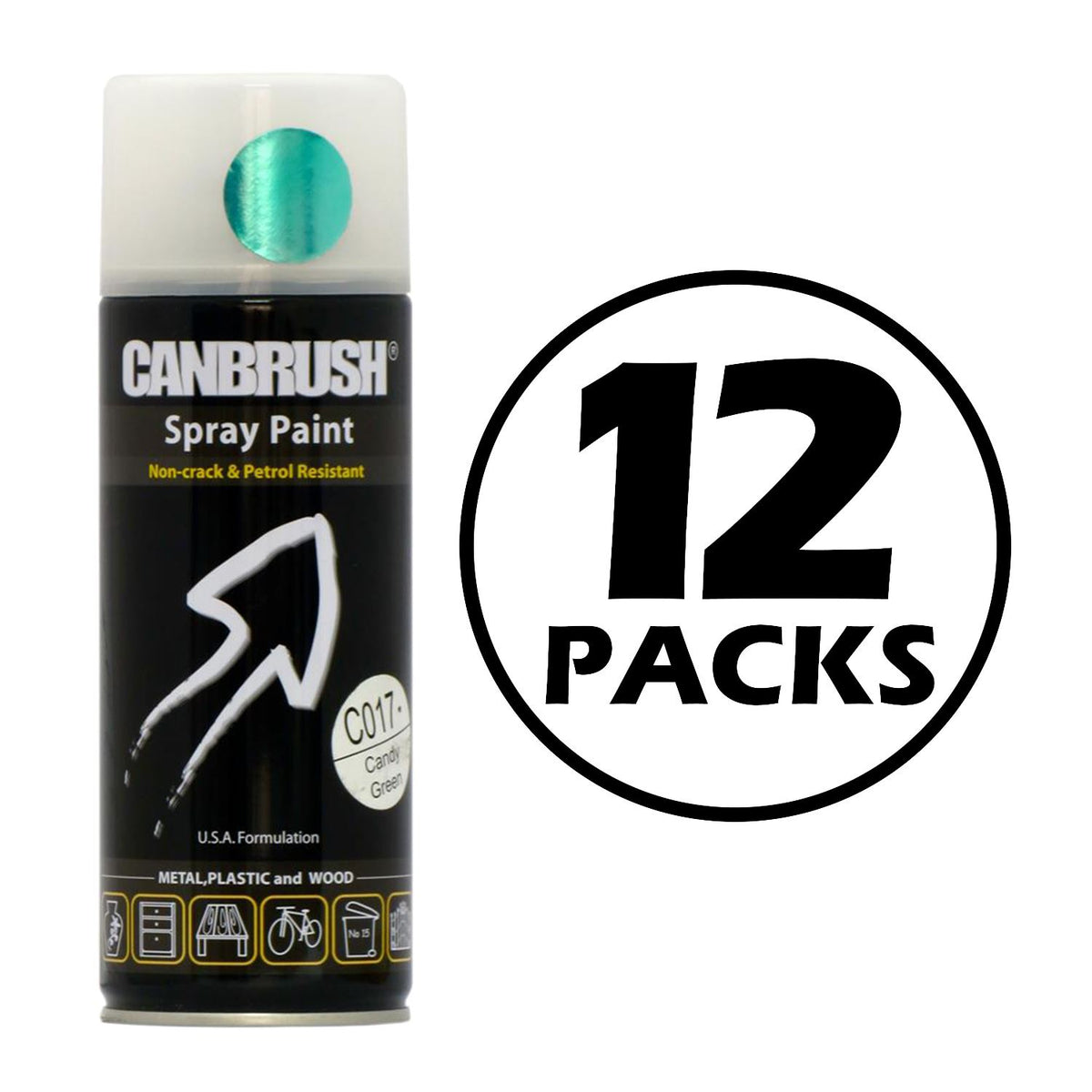 Canbrush Candy Green Spray Paint 400ml can with non-crack and petrol resistant formula, 12 pack