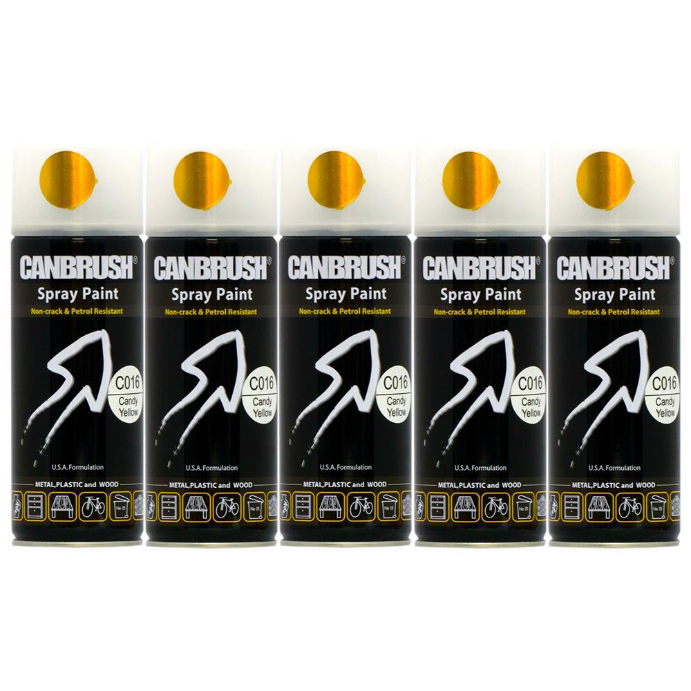 Canbrush Candy Yellow spray paint 400ml cans lined up for metal plastic and wood use