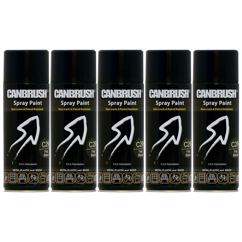 Canbrush flat black spray paint 400ml cans lined up with arrows showing high coverage