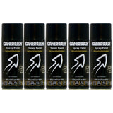 Canbrush flat black spray paint 400ml cans lined up with arrows showing high coverage
