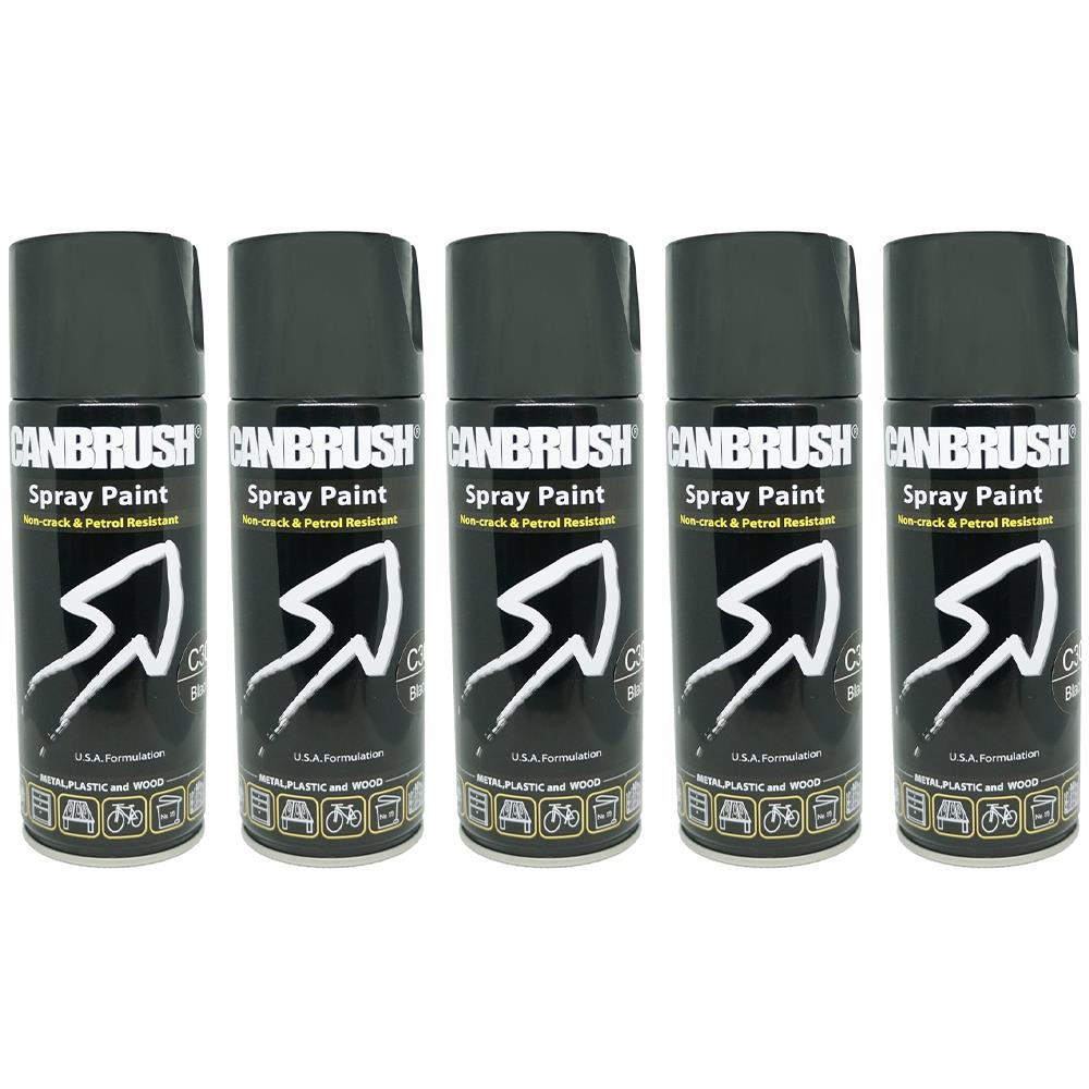 Canbrush gloss black spray paint 400ml cans arranged in a row for plastic and wood surfaces