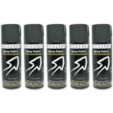 Canbrush gloss black spray paint 400ml cans arranged in a row for plastic and wood surfaces