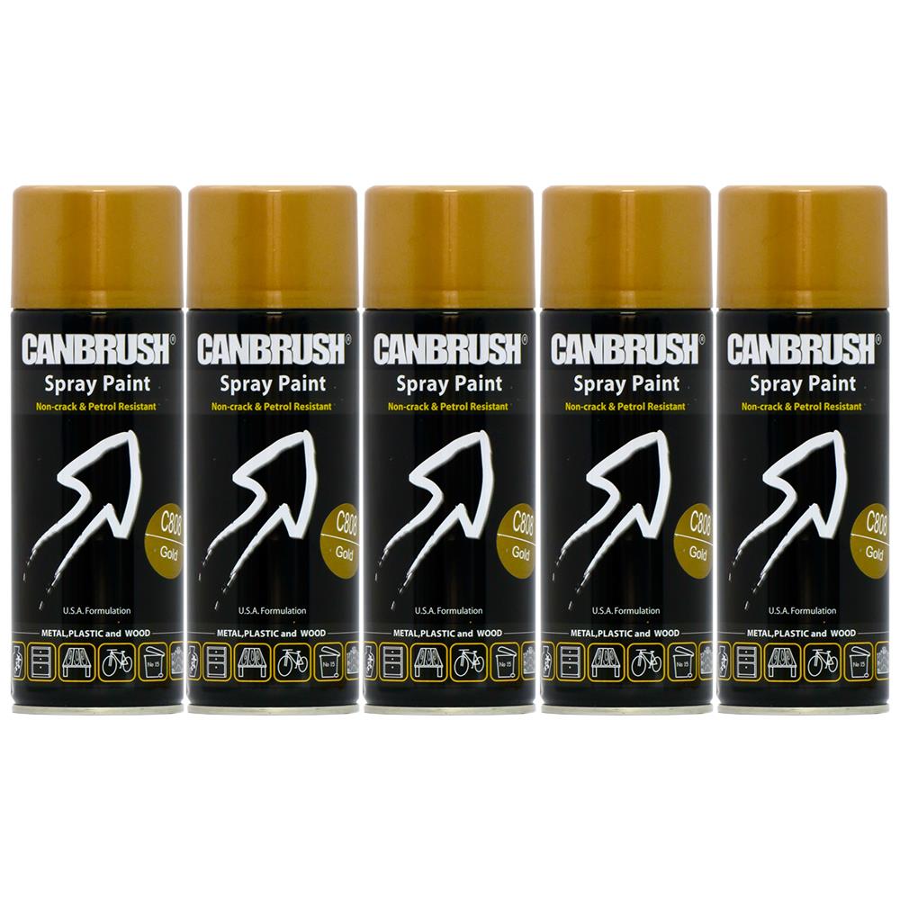 Canbrush gold spray paint 400ml cans with non-crack and petrol resistant formula in a row