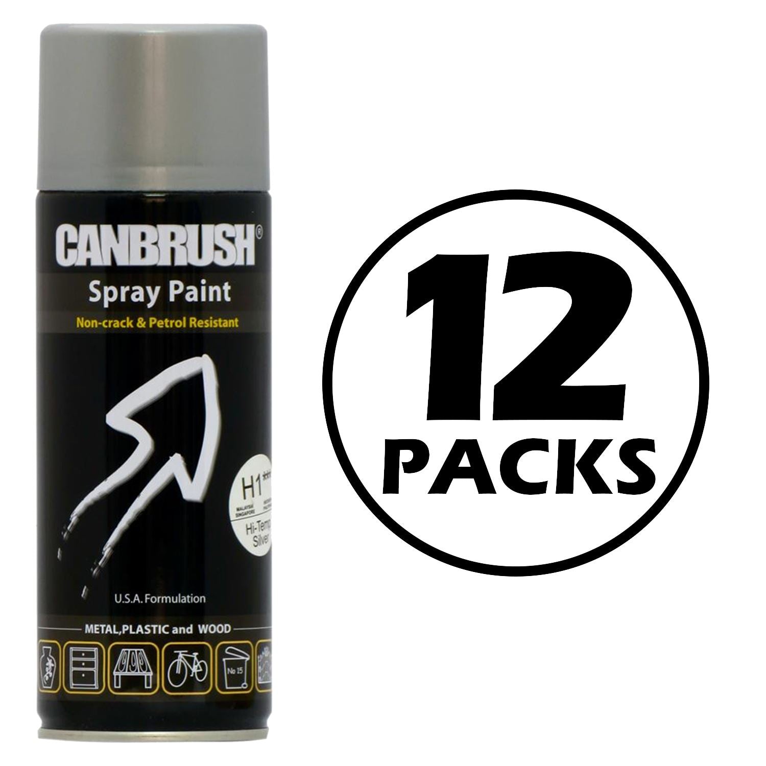 Canbrush high temperature silver spray paint can with 12 packs label for metal plastic and wood