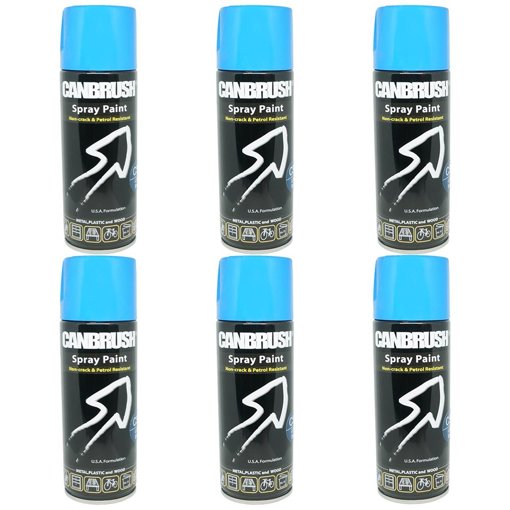 Canbrush light blue spray paint 400ml cans arranged in two rows of three with black labels
