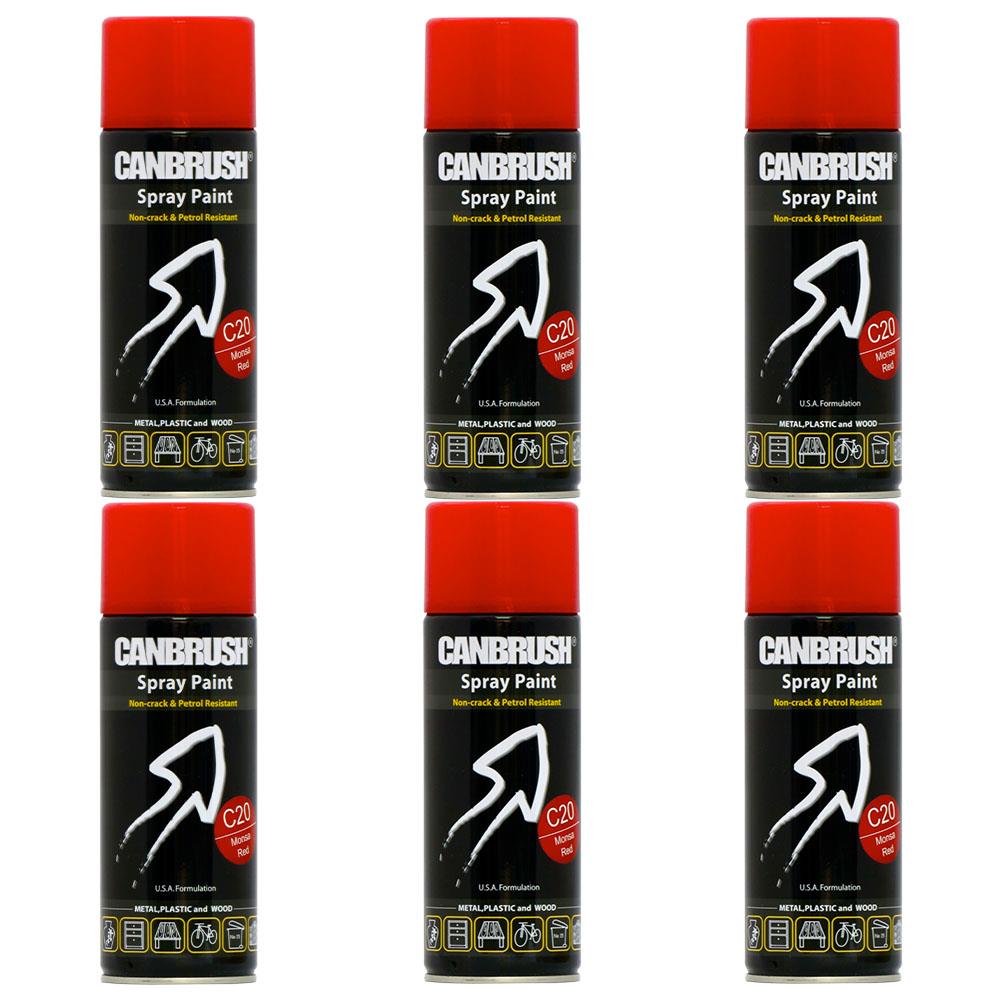 Six cans of Canbrush Monsa Red spray paint 400ml with red caps and black labels