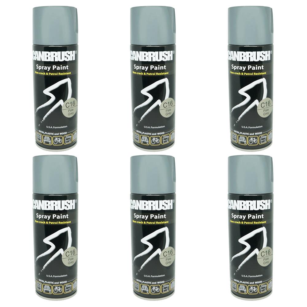 Six cans of Canbrush pale grey spray paint for smooth and durable coating on metal plastic and wood