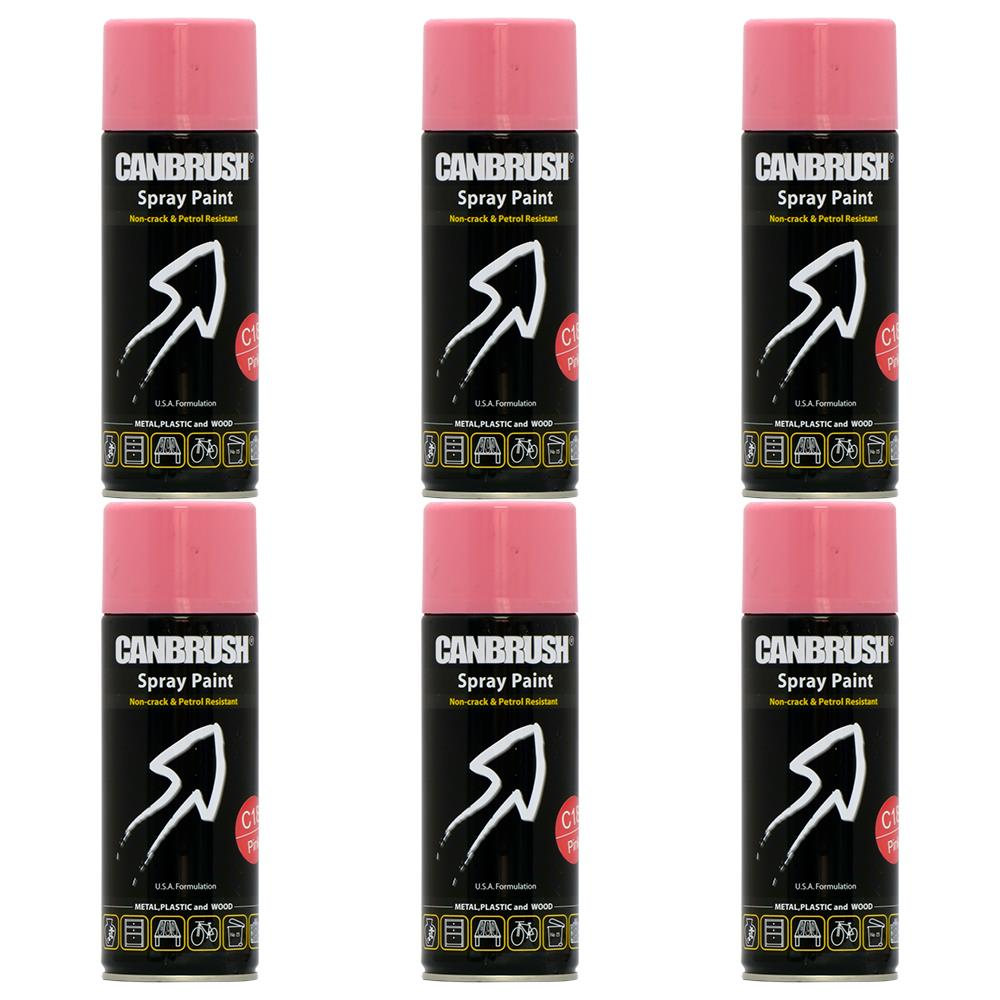 Six cans of Canbrush pink spray paint 400ml with black label and pink cap arranged in two rows