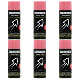 Six cans of Canbrush pink spray paint 400ml with black label and pink cap arranged in two rows