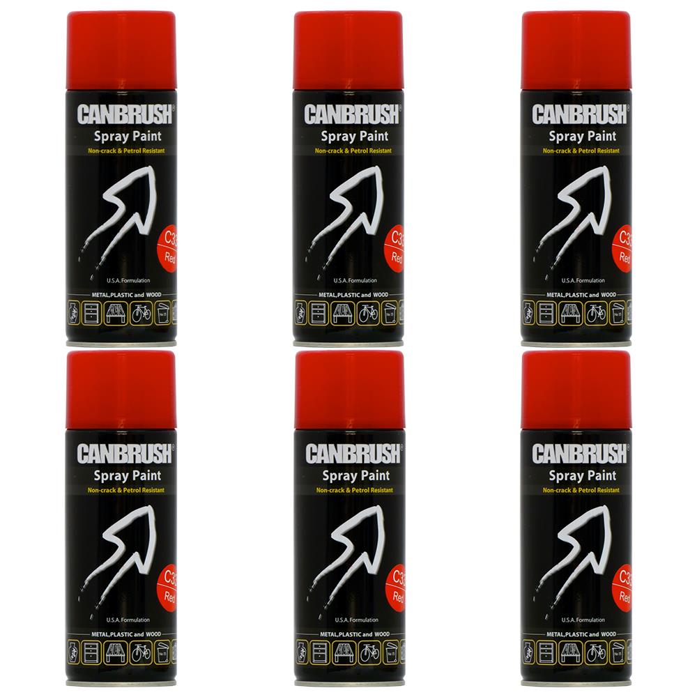 Canbrush red spray paint 400ml cans arranged in two rows with red caps and black labels